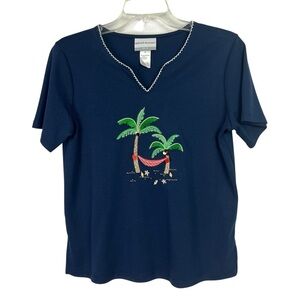 Alfred Dunner Blue Tee with Palm Tree Embroidery/Shells Sz Petite Small V-neck
